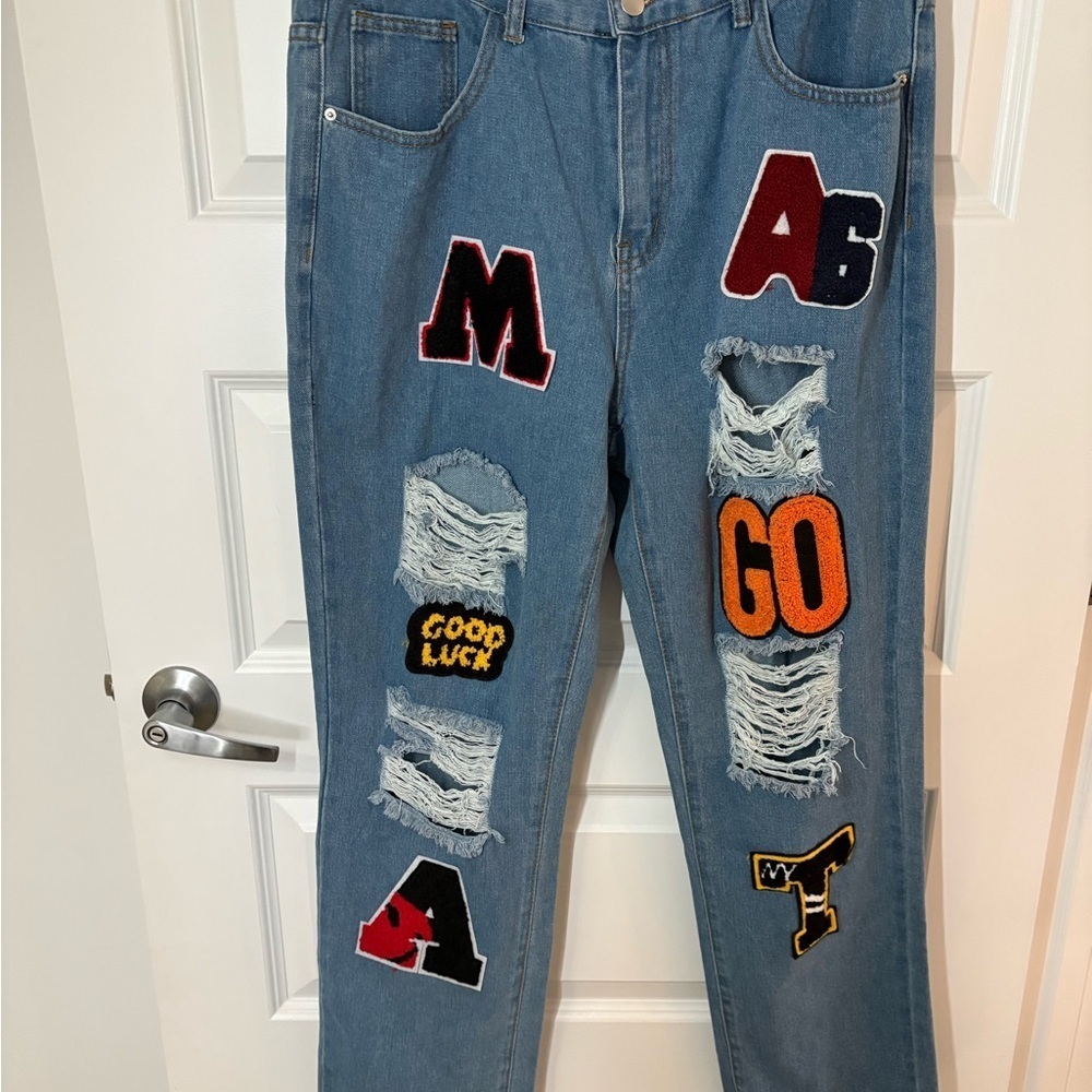 Custom Patchwork Distressed Jeans Statement Denim Size 12 14 Y2K Streetwear